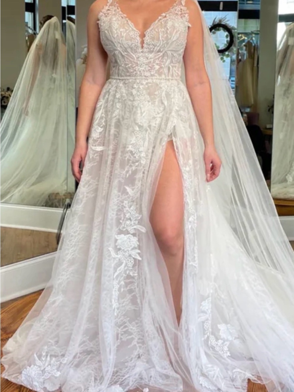 Justin Alexander beach wedding dress & cathedral veil! Sheer with Thigh Slit